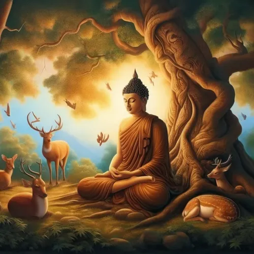 a buddha is surrounded by deer and deer,dhamma,buddha purnima,theravada buddhism,dhammapada,buddhadev,manjushri