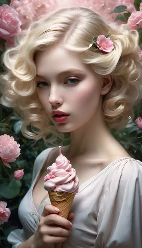 ate heart shaped ice cream, garden of eden, blonde hair, innocent beautiful pale pink lips, the power of love in a swirl of flowers, ,a girl with white hair and pink roses is holding an ice cream cone