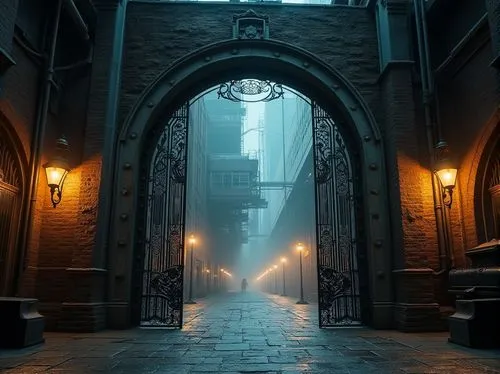 theed,haunted cathedral,entrada,creepy doorway,eerie,obscura,the door,gateway,alleyway,archway,portal,alley,passage,iron gate,arkham,doorways,corridors,dishonored,medieval street,mist,Photography,General,Realistic