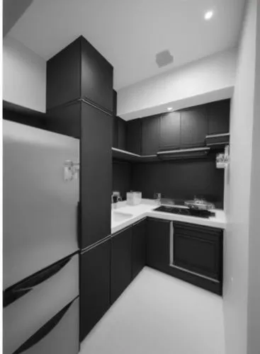 black and white pograph of a kitchen with fridge,dark cabinetry,dark cabinets,kitchen design,modern kitchen interior,modern minimalist kitchen,modern kitchen,kitchen interior,kitchen block,kitchenette