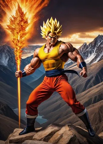 Mature muscular man, Super Saiyan, golden aura, spiky hair, fierce eyes, intense facial expression, ripped chest, toned abs, powerful legs, iconic gi uniform, flowing cape, dramatic pose, dynamic acti