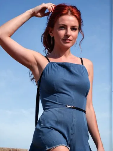 a young girl with red hair and piercing blue eyes gazes up at the sky, her face partially obscured by the shadows. She's wearing a flowing red dress and a pair of ripped jeans, and she wears a blue ju