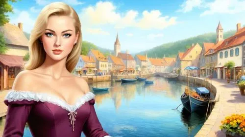 dark saturated colors, Romantic masterpiece oil painting, beautiful girl dainty girdle dress portrait, frontal view, body toward viewer, nostalgic 1950's style kitsch, medieval harbor market landscape