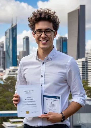 Male, young adult, bachelor, design graduate, interior architecture, QUT alumni, casual wear, white shirt, dark jeans, black sneakers, messy hair, glasses, smiling, holding a degree certificate, stand