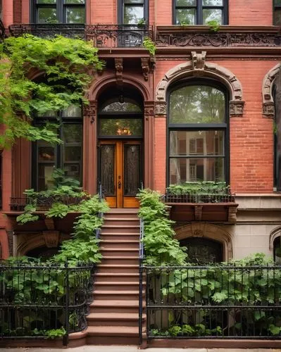 Brownstone Brooklyn architecture, historic building, ornate details, grand entrance, stoop, iron railings, brick facade, bay windows, mansard roof, greenery, ivy climbing walls, sunny afternoon, warm 