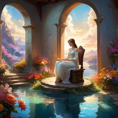 fantasy picture,woman at the well,aerith,wishing well,idyll,romantic scene,Illustration,Realistic Fantasy,Realistic Fantasy 01