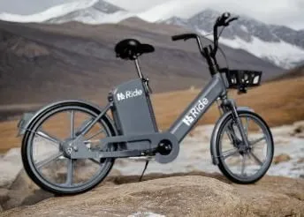 an electric bicycle parked on a rock next to some snowy mountains,velib,electric scooter,e bike,stelvio yoke,solotrek,brompton