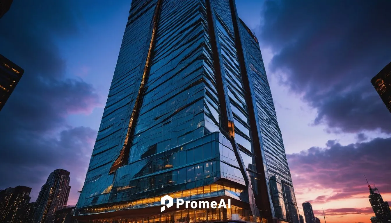 Modern skyscraper, sleek glass façade, metallic frames, angular lines, asymmetrical shape, towering high-rise, urban cityscape, busy streets, concrete pavement, night scene, vibrant neon lights, refle