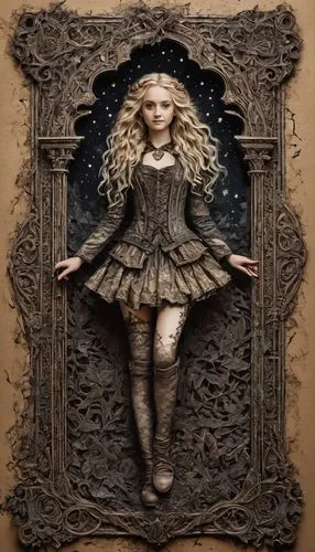 marionette,fairy tale character,ivy frame,cuckoo clock,celtic queen,children's fairy tale,gothic portrait,art nouveau frame,wooden doll,tumbling doll,looking glass,magic mirror,decorative frame,the enchantress,celtic woman,faery,wooden frame,henna frame,female doll,alice,Photography,General,Fantasy