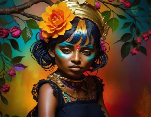 Elegant Fantasy of Shiva,a young woman with blue and gold makeup, flowers in her hair,oshun,girl in a wreath,amerykah,baoshun,fantasy portrait,digital painting,Photography,Artistic Photography,Artisti