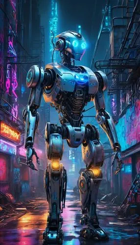 Robot, futuristic, metallic body, sleek lines, glowing blue eyes, mechanical limbs, hydraulic joints, intricate circuitry, neon lights, industrial setting, factory background, urban cityscape, nightti