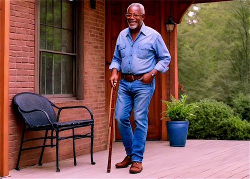 Old African American man, senior, 70yo, wrinkled face, white beard, grey hair, glasses, worn denim shirt, faded jeans, brown leather belt, walking cane, sitting on porch, gentle smile, warm lighting, 