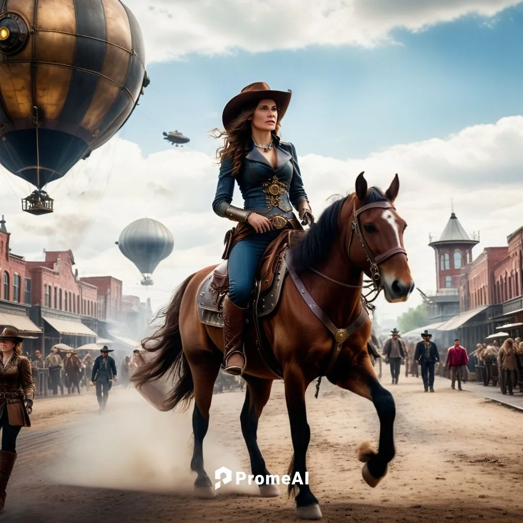 Ein cowgirl das auf einem Pferd gemächlich durch eine Steampunk Metropole reitet und hin und wieder ein paar Pasagier und Frachtzeppeline sowohl an den Landeplätzen als auch in der luft zu beobachten,