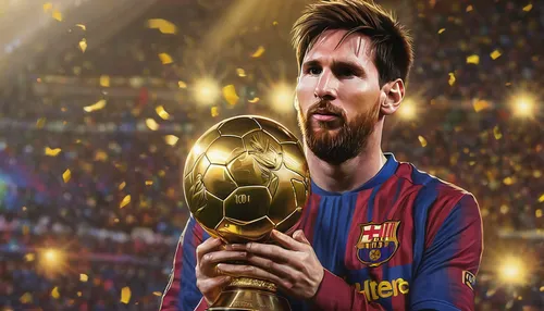 Imagine Messi holding the Ballon d'Or trophy in a grand award ceremony.,fifa 2018,barca,leo,edit icon,trophies,king,award background,the leader,the ball,trophy,champions,footballer,the fan's backgroun