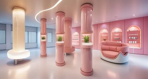 Cosmetic store display space design, cylinder display includes stick balm display, tone-on-tone of pink and salmon, minimal plants, gloss, 3000k warm lighting, fluffy cushioned sofa on white-toned col