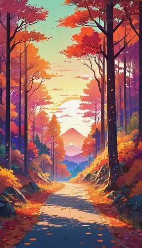 Illustration of a beautiful forest road in autumn, with colorful trees and mountains in the background, in the sunset light, with warm colors, soft brush strokes, in a flat design style.,an orange and