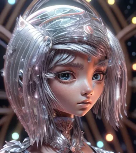 andromeda,echo,valerian,silver,humanoid,crystalline,gemini,violet head elf,scifi,bjork,b3d,cinema 4d,cg artwork,3d fantasy,artist doll,female doll,foil,doll's head,fantasy portrait,silvery