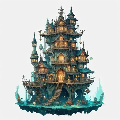 house of the sea,floating island,yamatai,mushroom island,witch's house,fairy tale castle,Illustration,Abstract Fantasy,Abstract Fantasy 11