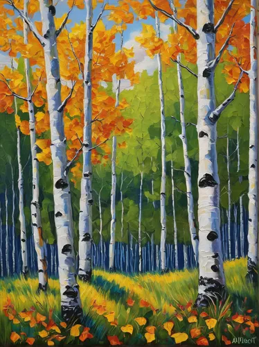 Aspens In Summer Painting by Jill Saur,birch forest,birch trees,autumn trees,aspen,birch alley,american aspen,sweet birch,fall landscape,row of trees,autumn landscape,trees in the fall,autumn forest,b