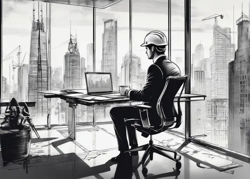 working space,modern office,sci fiction illustration,megacorporation,freelancer,workspaces,workspace,cybertrader,man with a computer,cybercity,telecommuters,cyberworld,offices,schuitema,office line art,computerologist,cybertown,cybersquatters,schuiten,work space,Illustration,Black and White,Black and White 34