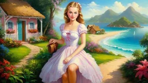 Romantic masterpiece oil painting, cute girl portrait, nostalgic 1950's style kitsch, vibrant seaside cottage landscape, lush tropical paradise, summer beach scenery, by Thomas Kinkade, by Bob Ross,fa