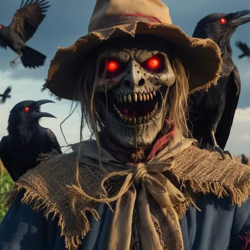 Scary scarecrow with red-eyed zombie crows in the background,Terrifyingly scary scarecrow,scarecrow,scare crow,ryuk,morbius,Crows,Bruxa,Photography,General,Realistic