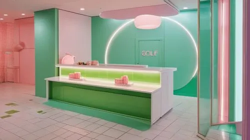 A kitschy, pastel-colored golf wear pop-up store counter with a bright and vibrant summer theme. The space is finished with white wallpaper and chessboard pattern tiles. The counter is finished with g