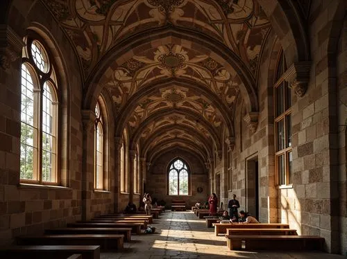 Ancient Romanesque church, grand arches, rustic stone walls, ornate carvings, vaulted ceilings, stained glass windows, intricate mosaics, ornamental columns, rounded apses, dramatic lighting, warm ear