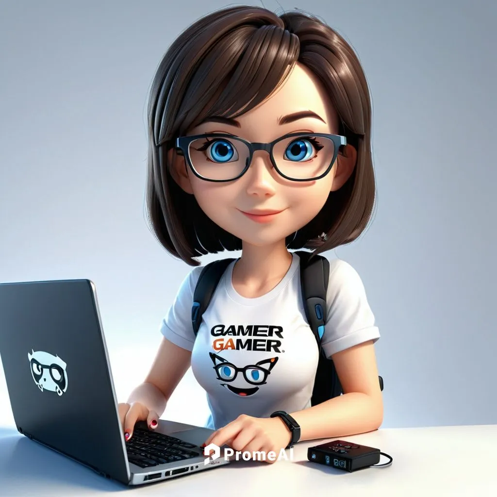 "GAMER" typography, funny tshirt theme of a cartoon character of a woman with eyeglasses coding on her laptop, white background, anime,cute cartoon character,geek pride day,girl at the computer,girl s