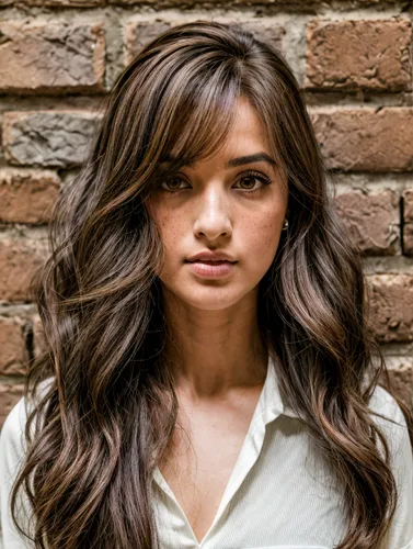 a woman with a strict hairstyle and freckles stands in front of a brick wall,a pretty young lady standing in front of a brick wall,sonam,tassafaronga,mastronardi,amitava saha,kreuk,daya