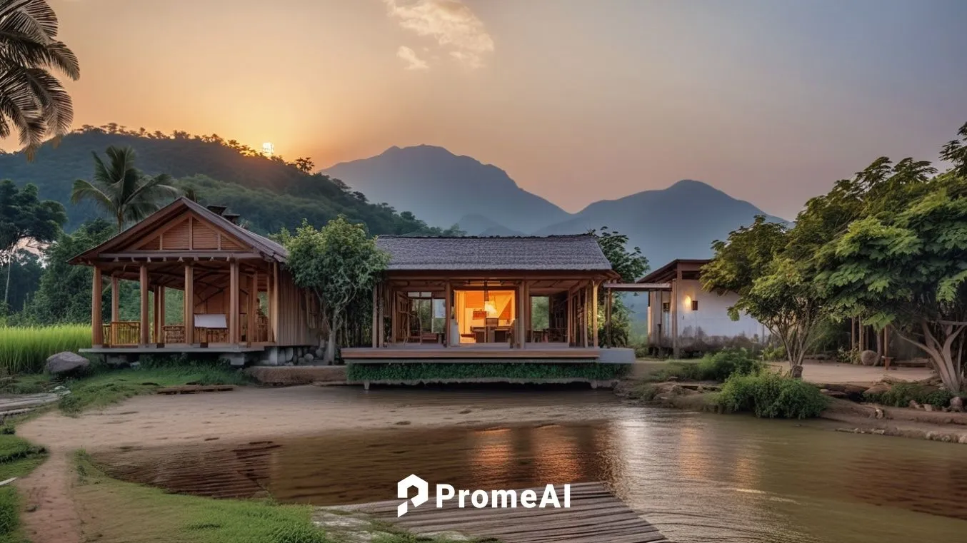  The image showcases a serene sunset scene with a wooden house on stilts, surrounded by a tranquil river and lush greenery, set against a backdrop of a mountain.,laos,inle lake,ha giang,southeast asia