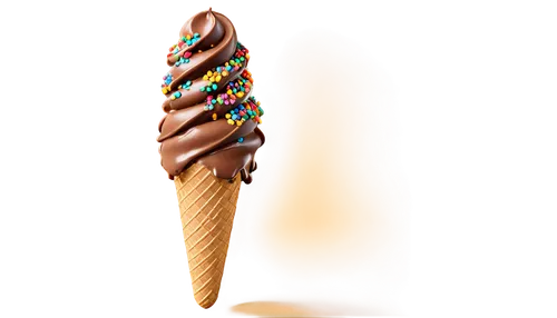 Creamy chocolate ice cream, scoop shape, rounded edges, golden cone, colorful sprinkles, melted drips, shiny surface, soft lighting, macro shot, 3/4 composition, warm color tone.,ice cream on stick,co