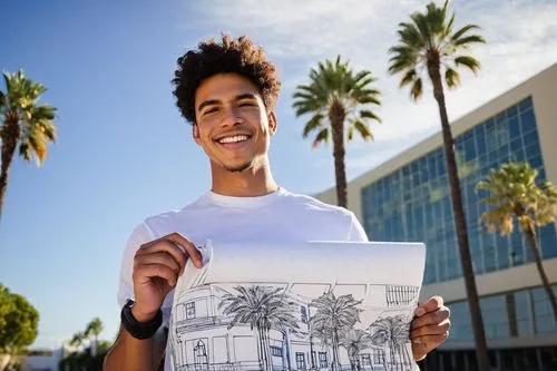 Young adult male, architecture student, California local, casual wear, denim jeans, white graphic t-shirt, black sneakers, backpack, standing, holding a large rolled-up blueprint, smiling, confident, 