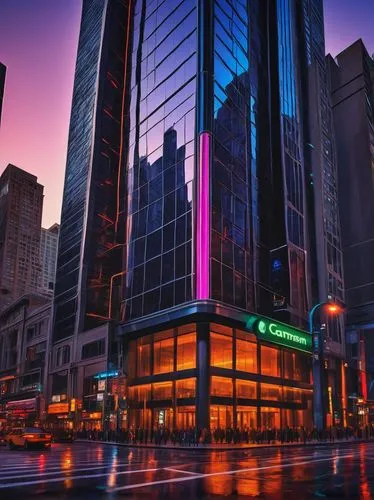 Downtown, futuristic skyscraper, sleek metallic facade, neon lights illuminating at dusk, towering high-rise building, grand entrance with revolving doors, marble lobby, busy street scene, cityscape, 