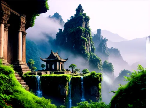 Fantasy world, vibrant colors, dreamy atmosphere, misty mountains, fluffy white clouds, ancient ruins, mysterious glowing orbs, intricate stone carvings, lush greenery, sparkling waterfalls, soft warm