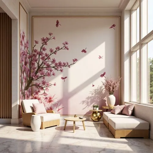 sitting room,fromental,japanese carnation cherry,flower wall en,ikebana,wallcoverings,japanese flowering crabapple,magnolia,living room,mahdavi,livingroom,gold-pink earthy colors,japanese magnolia,magnolias,magnolia flowers,pink magnolia,magnolia blossom,interior decoration,bougainvilleans,contemporary decor