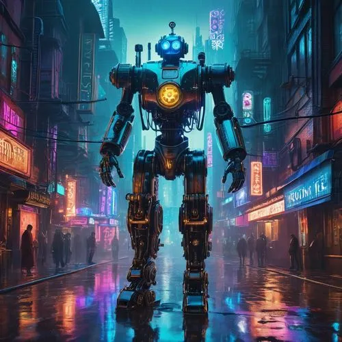 Cyberpunk cityscape, futuristic skyscraper, neon lights, holographic advertisements, rainy night, misty atmosphere, 3/4 composition, cinematic lighting, shallow depth of field, AI robot, metallic body