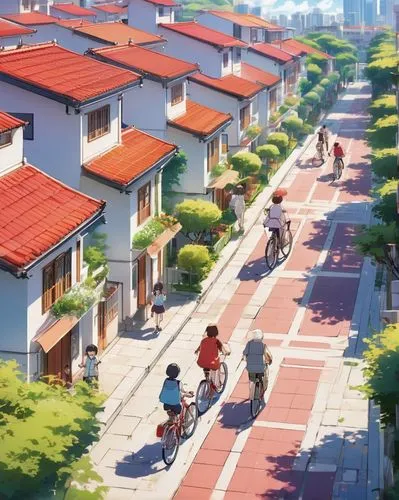 Community architecture, modern residential complex, rows of identical houses, white walls, red roofs, green gardens, walking paths, street lamps, parked bicycles, children playing, mothers chatting, f