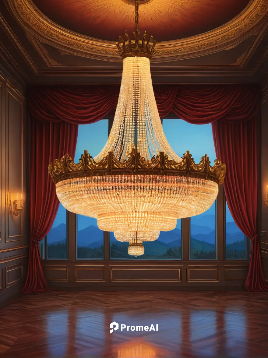 Create an elegant chandelier for a luxurious ballroom.,chandelier,theater curtain,theater curtains,stage curtain,theatre curtains,musical dome,ballroom,a curtain,curtain,radio city music hall,lampshad