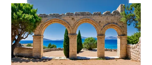 Cyprus landscape, sunny day, blue sky, white fluffy clouds, rocky mountains, green trees, ancient ruins, stone walls, arched windows, intricate carvings, weathered wooden doors, sandy beach, calm turq