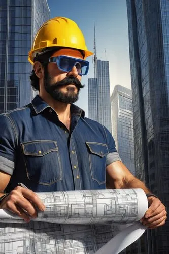 Middle-aged, muscular man, craftsman, architectural designs expert, wearing safety goggles, yellow hard hat, black beard, mustache, rolled-up sleeves, denim shirt, dark jeans, tool belt, holding a blu