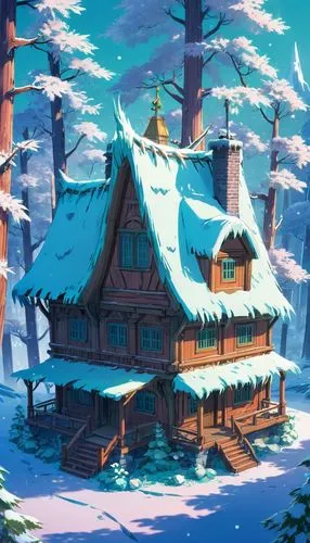 winter house,winter village,snow roof,log cabin,snow house,snowhotel,house in the forest,snow shelter,alpine hut,winter background,ski resort,forest house,small cabin,alpine village,wooden hut,korean village snow,snow scene,cottage,santa's village,mountain settlement,Illustration,Japanese style,Japanese Style 03