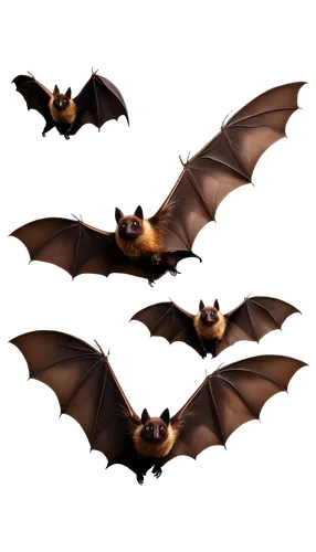 Dark brown bats, wings spread wide, flying in unison, nocturnal creatures, detailed fur texture, tiny eyes, sharp fangs, group of 5-7 bats, V formation, fast movement, soft focus, bokeh blur, moonligh