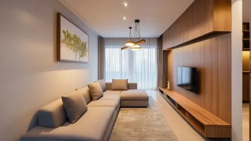 sala con TV y estante superior e inferior , cuadros en la pared , sofas, luminaria colgante, plantas decorativas,contemporary decor,modern living room,apartment lounge,entertainment center,living room