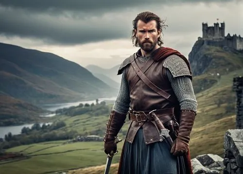 Hamish, Braveheart, Scottish warrior, muscular man, rugged beard, messy brown hair, intense gaze, leather armor, metal shoulder guards, worn gloves, holding a massive sword, standing heroically, misty