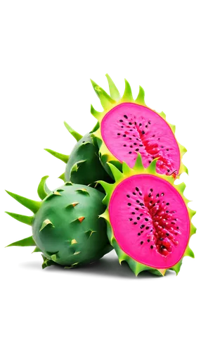 Animated, vibrant, pink dragon fruit, semi-translucent skin, green scales, yellow spikes, juicy flesh, shiny surface, round shape, solitary, 3/4 composition, close-up shot, softbox lighting, pastel co