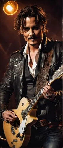 Johnny Depp fan art, male, 30s, charismatic smile, piercing brown eyes, iconic hairstyle, goatee, leather jacket, white shirt, dark jeans, boots, holding guitar, standing, backstage, dim lighting, spo