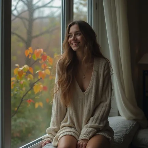 window sill,sonrisa,cozily,windowsill,cardigan,a girl's smile,Photography,Fashion Photography,Fashion Photography 01