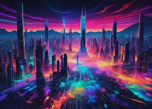 futuristic landscape,cityscape,fantasy city,cyberpunk,metropolis,colorful city,futuristic,vast,alien world,vapor,dystopian,scifi,sci - fi,sci-fi,ultraviolet,dystopia,cyberspace,cities,city skyline,space art,Illustration,Vector,Vector 07