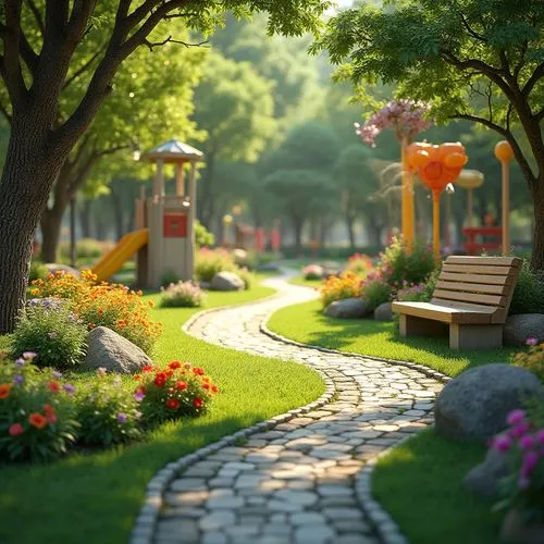 nature garden,garden bench,walk in a park,pathway,flower garden,forest path,walkway,japan garden,urban park,landscaping,landscaped,gardens,landscape background,english garden,summer border,3d render,jardin,beautiful garden flowers,tree lined path,wooden path,Photography,General,Realistic